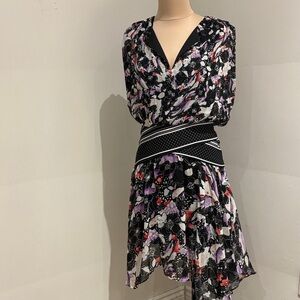 BCBGMaxAzria Black and Purple Patterned Midi Dress